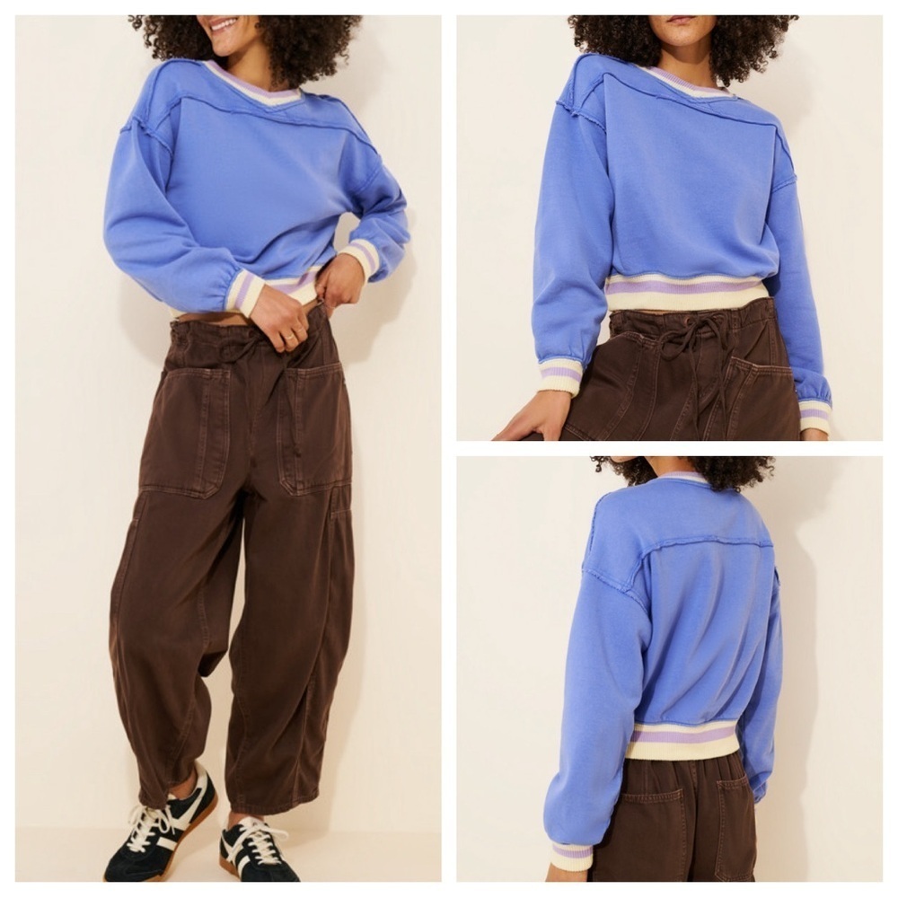 Free people Rio Blue and Yellow striped trim oversized Sweatshirt 2393